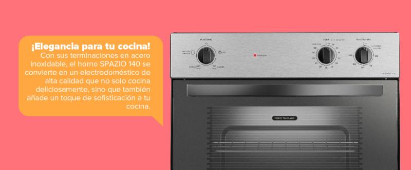 ¡Elegancia para tu cocina! Con sus terminaciones en acero inoxidable, el horno SPAZIO 140 se convierte en un electrodoméstico de alta calidad que no solo cocina deliciosamente, sino que también añade un toque de sofisticación a tu cocina.